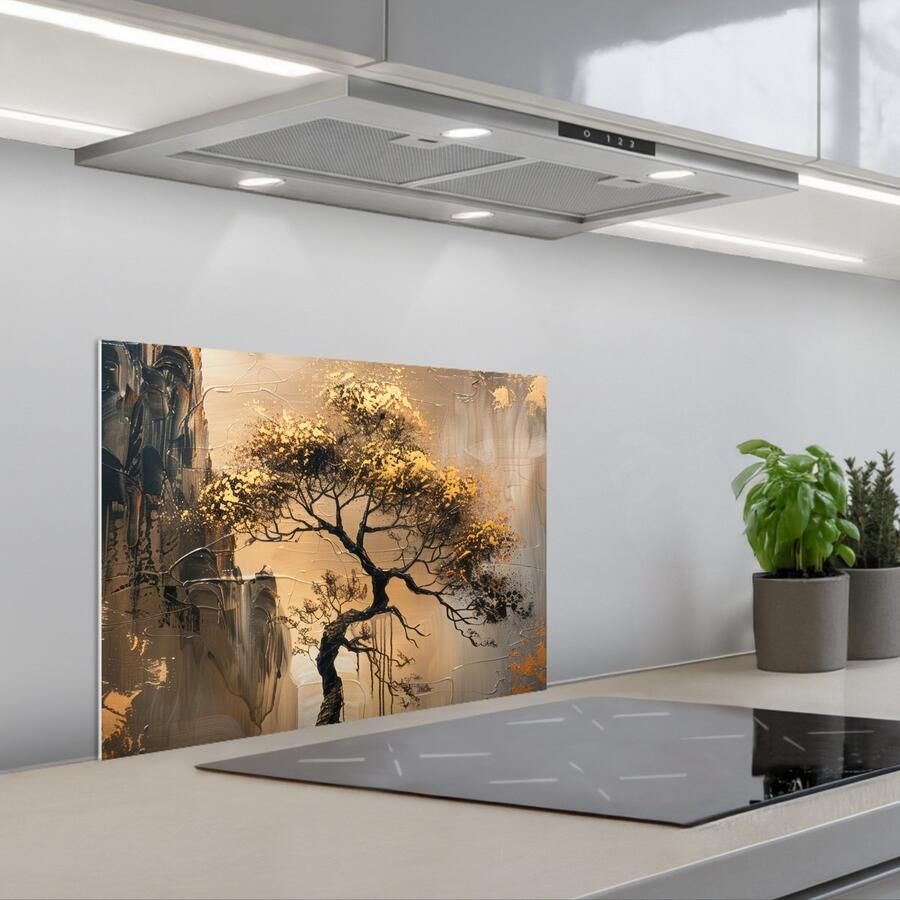 KitchenYeah Spatscherm 60x45 cm Zelfklevende achterwand Boom Goud Landschap Verf Keuken muurbeschermer Spatwand fornuis