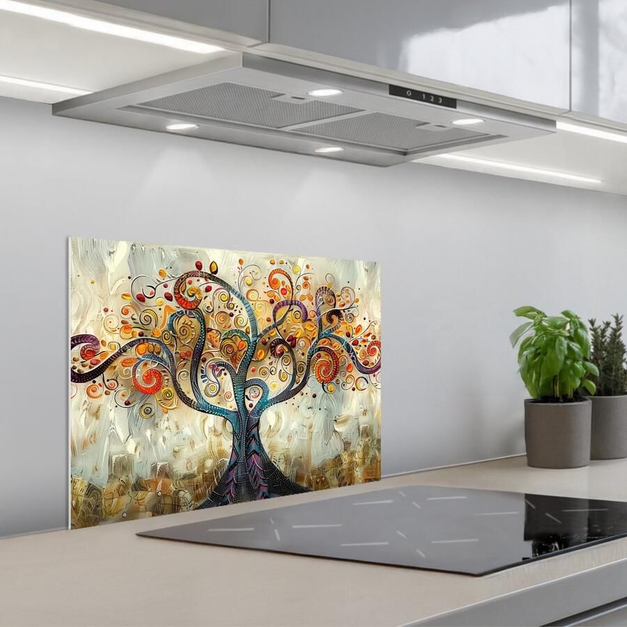 KitchenYeah Spatscherm 60x45 cm Zelfklevende achterwand Boom Kunst Modern Natuur Keuken muurbeschermer Spatwand fornuis