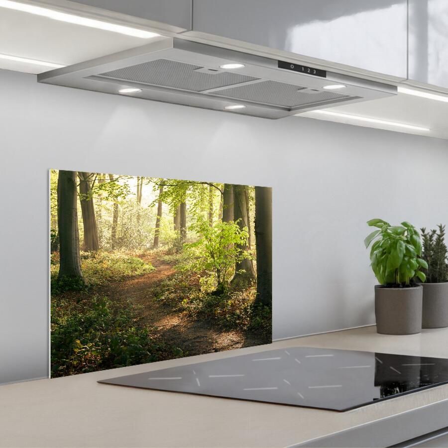 KitchenYeah Spatscherm 60x45 cm Zelfklevende achterwand Bos Bomen Pad Zon Planten Bladeren Natuur Keuken muurbeschermer Spatwand fornuis