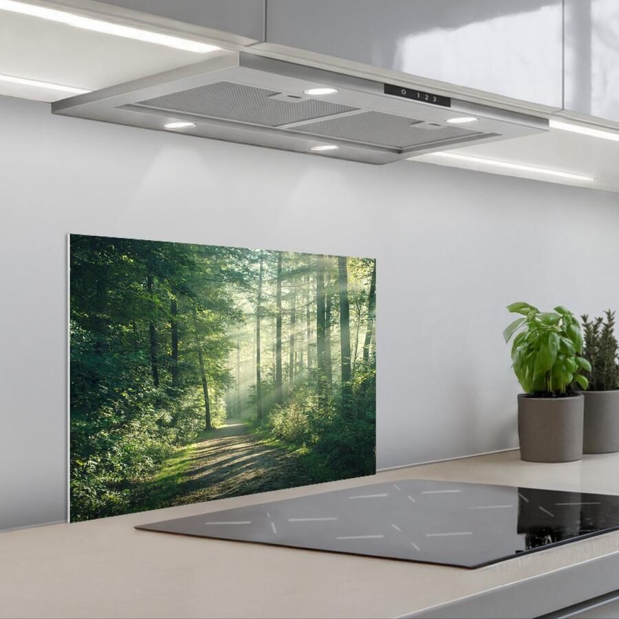 KitchenYeah Spatscherm 60x45 cm Zelfklevende achterwand Bos Pad Zon Bomen Groen Natuur Keuken muurbeschermer Spatwand fornuis
