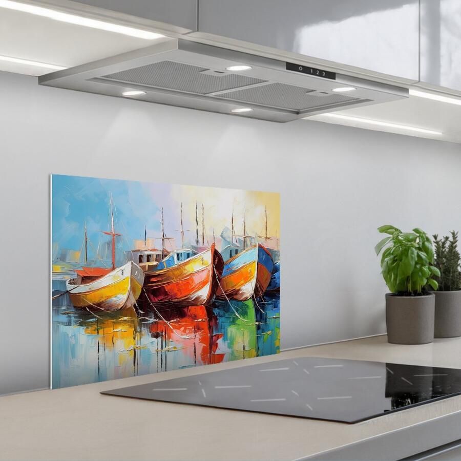 KitchenYeah Spatscherm 60x45 cm Zelfklevende achterwand Boten Kunst Kleuren Schilderij Keuken muurbeschermer Spatwand fornuis