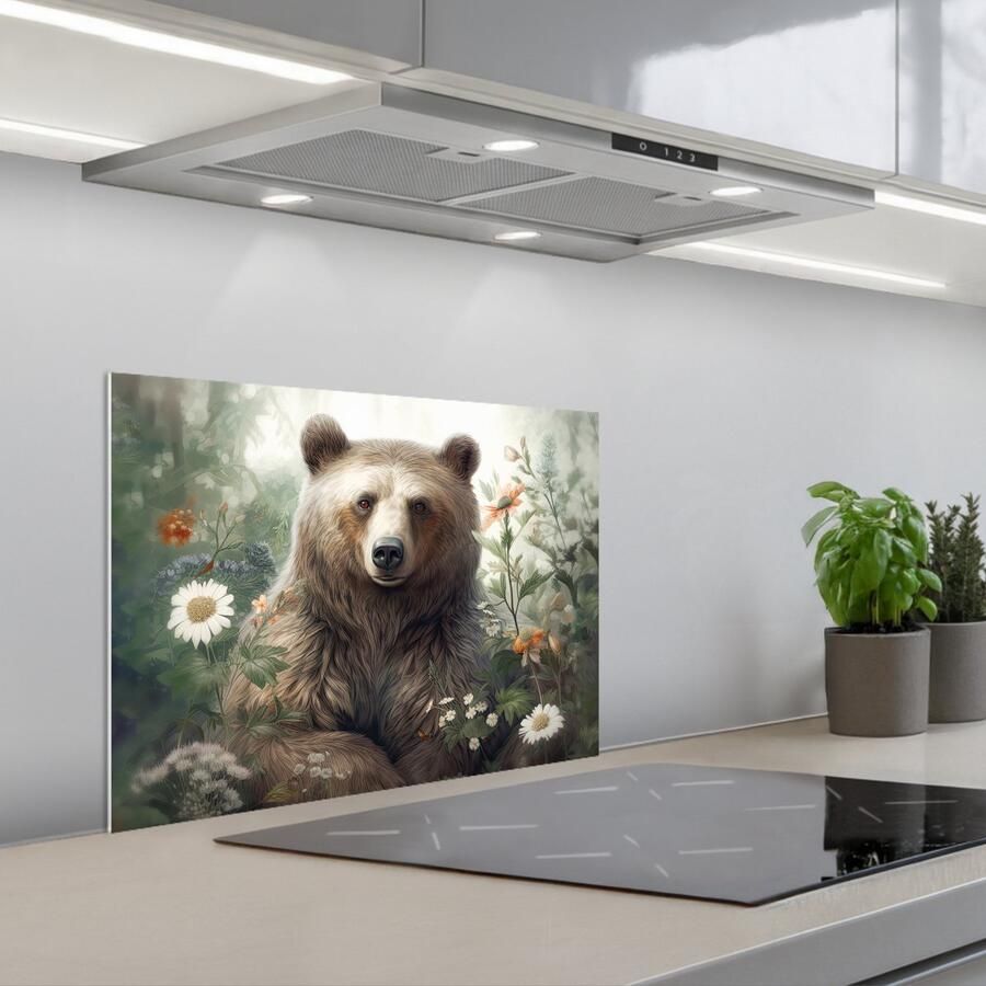 KitchenYeah Spatscherm 60x45 cm Zelfklevende achterwand Bruine beer Wilde dieren Bloemen Planten Keuken muurbeschermer Spatwand fornuis