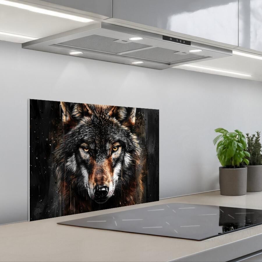 KitchenYeah Spatscherm 60x45 cm Zelfklevende achterwand Dieren Wolf Portret Zwart Bruin Keuken muurbeschermer Spatwand fornuis