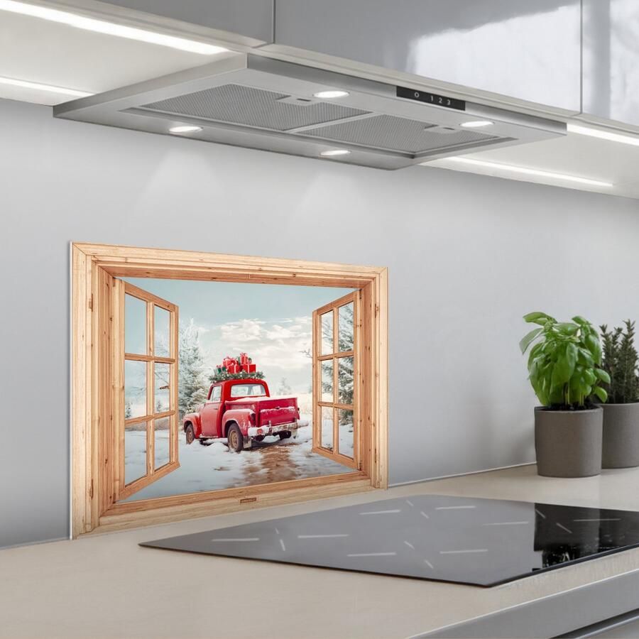 KitchenYeah Spatscherm 60x45 cm Zelfklevende achterwand Doorkijk Auto Kerst Cadeaus Winter Landschap Keuken muurbeschermer Spatwand fornuis