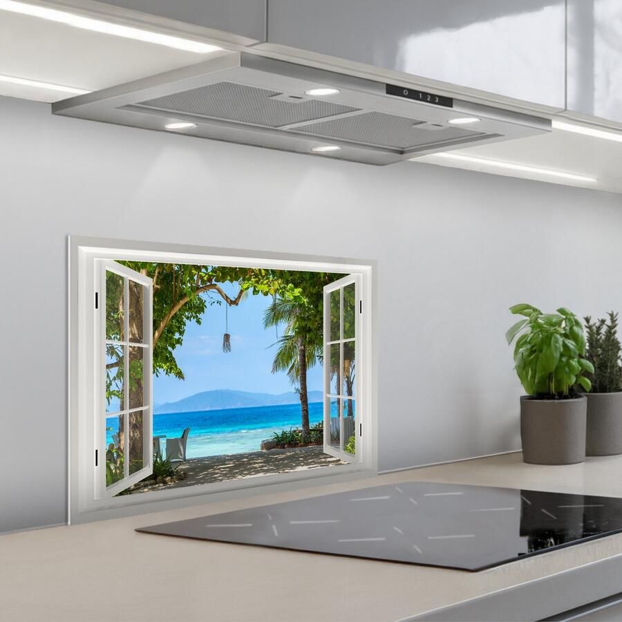 KitchenYeah Spatscherm 60x45 cm Zelfklevende achterwand Doorkijk Boom Zee Palmboom Heuvels Strand Blauw Keuken muurbeschermer Spatwand fornuis