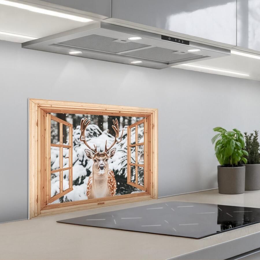KitchenYeah Spatscherm 60x45 cm Zelfklevende achterwand Doorkijk Hert Sneeuw Winter Bos Dieren Keuken muurbeschermer Spatwand fornuis