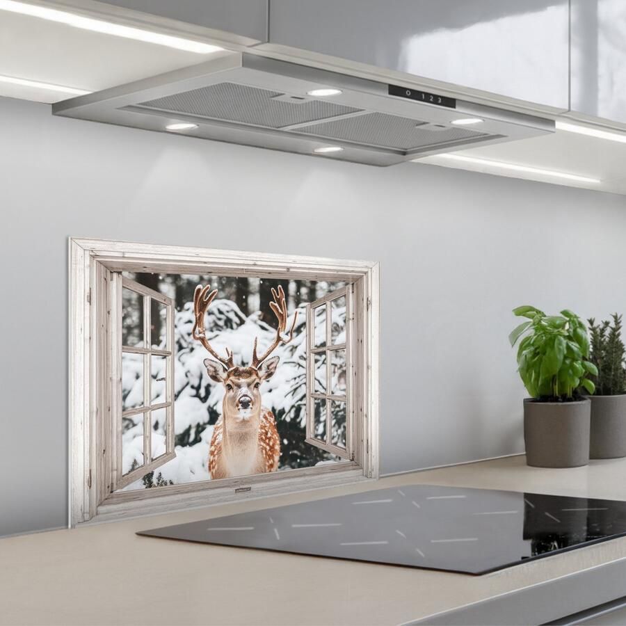KitchenYeah Spatscherm 60x45 cm Zelfklevende achterwand Doorkijk Hert Sneeuw Winter Bos Dieren Natuur Keuken muurbeschermer Spatwand fornuis