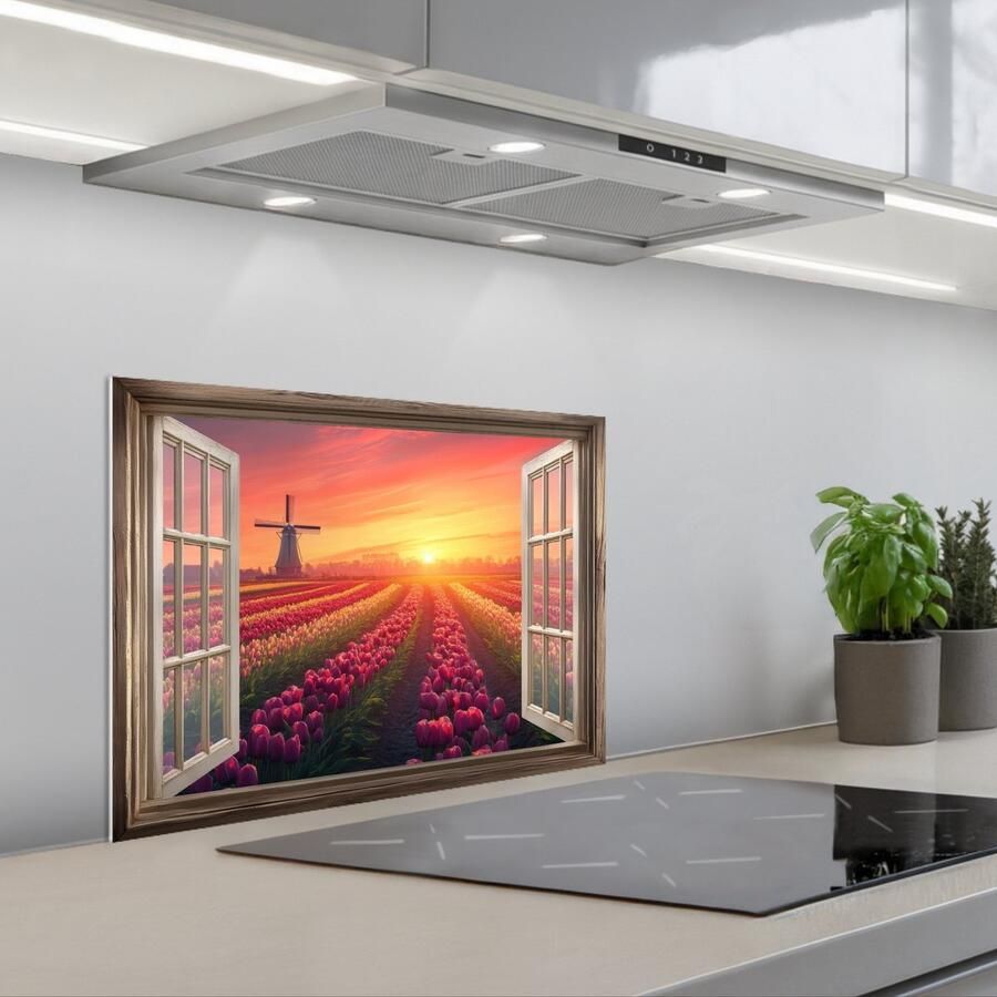KitchenYeah Spatscherm 60x45 cm Zelfklevende achterwand Doorkijk Tulpen Zonsondergang Bloemen Kleurrijk Keuken muurbeschermer Spatwand fornuis