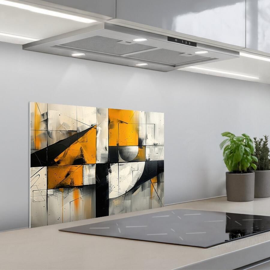 KitchenYeah Spatscherm 60x45 cm Zelfklevende achterwand Geel Abstract Modern Vormen Keuken muurbeschermer Spatwand fornuis