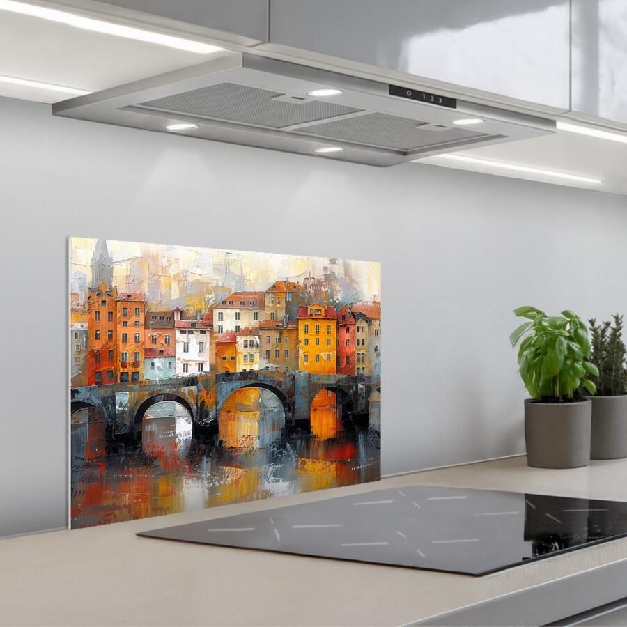 KitchenYeah Spatscherm 60x45 cm Zelfklevende achterwand Gracht Huizen Kunst Art Keuken muurbeschermer Spatwand fornuis