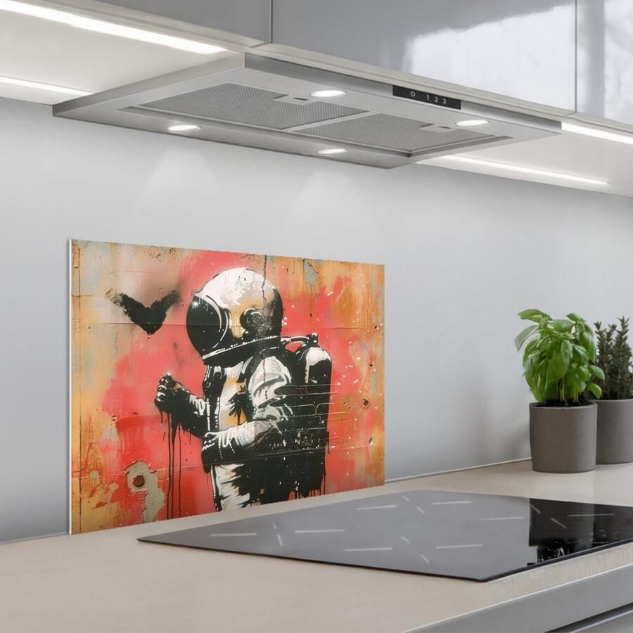 KitchenYeah Spatscherm 60x45 cm Zelfklevende achterwand Graffiti Astronaut Street art Ruimte Keuken muurbeschermer Spatwand fornuis