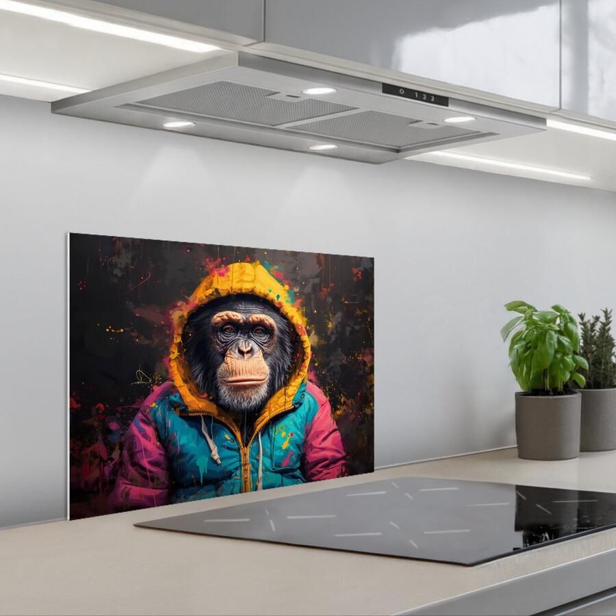 KitchenYeah Spatscherm 60x45 cm Zelfklevende achterwand Graffiti Chimpansee Jas Aap Verf Keuken muurbeschermer Spatwand fornuis