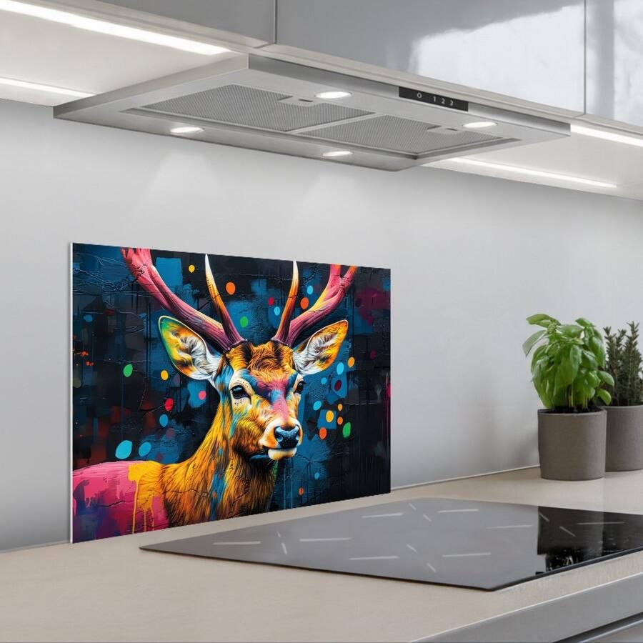 KitchenYeah Spatscherm 60x45 cm Zelfklevende achterwand Graffiti Hert Dier Kleurrijk Keuken muurbeschermer Spatwand fornuis