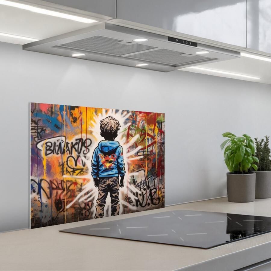 KitchenYeah Spatscherm 60x45 cm Zelfklevende achterwand Graffiti Jongen Kleuren Street Art Keuken muurbeschermer Spatwand fornuis