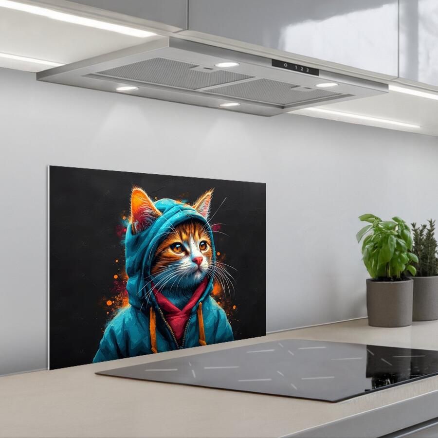 KitchenYeah Spatscherm 60x45 cm Zelfklevende achterwand Graffiti Kat Zwart Jas Street art Keuken muurbeschermer Spatwand fornuis