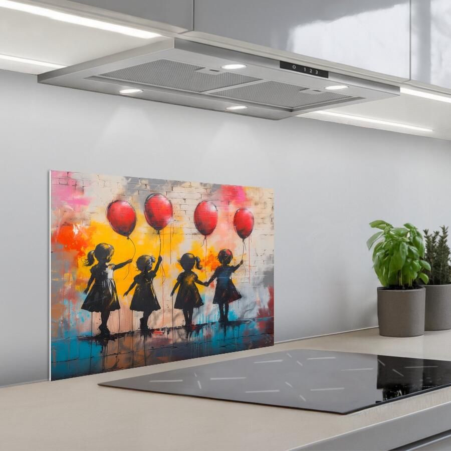 KitchenYeah Spatscherm 60x45 cm Zelfklevende achterwand Graffiti Kinderen Street art Ballon Banksy Style Keuken muurbeschermer Spatwand fornuis