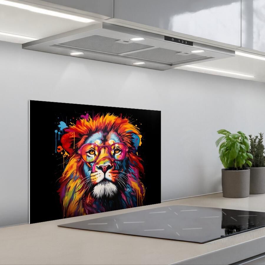 KitchenYeah Spatscherm 60x45 cm Zelfklevende achterwand Graffiti Leeuw Bril Zwart Kleurrijk Keuken muurbeschermer Spatwand fornuis