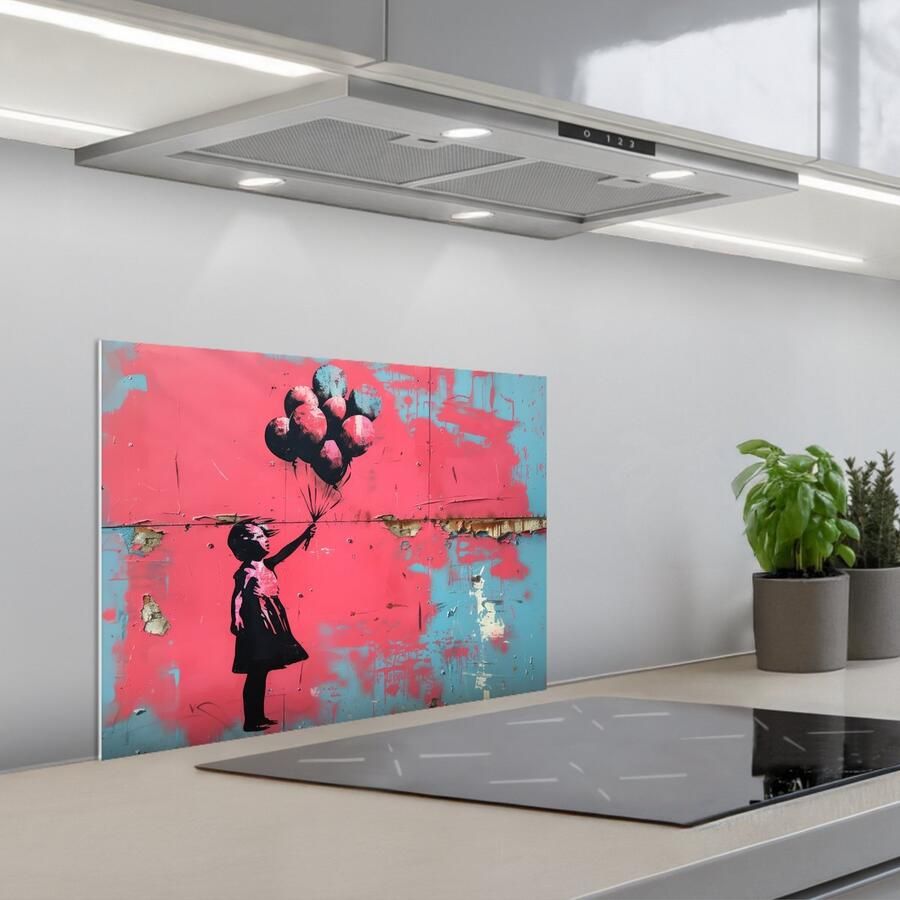 KitchenYeah Spatscherm 60x45 cm Zelfklevende achterwand Graffiti Meisje Ballon Roze Blauw Street art Keuken muurbeschermer Spatwand fornuis