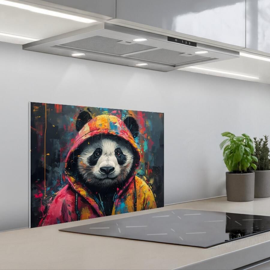 KitchenYeah Spatscherm 60x45 cm Zelfklevende achterwand Graffiti Panda Jas Kleurrijk Street art Keuken muurbeschermer Spatwand fornuis