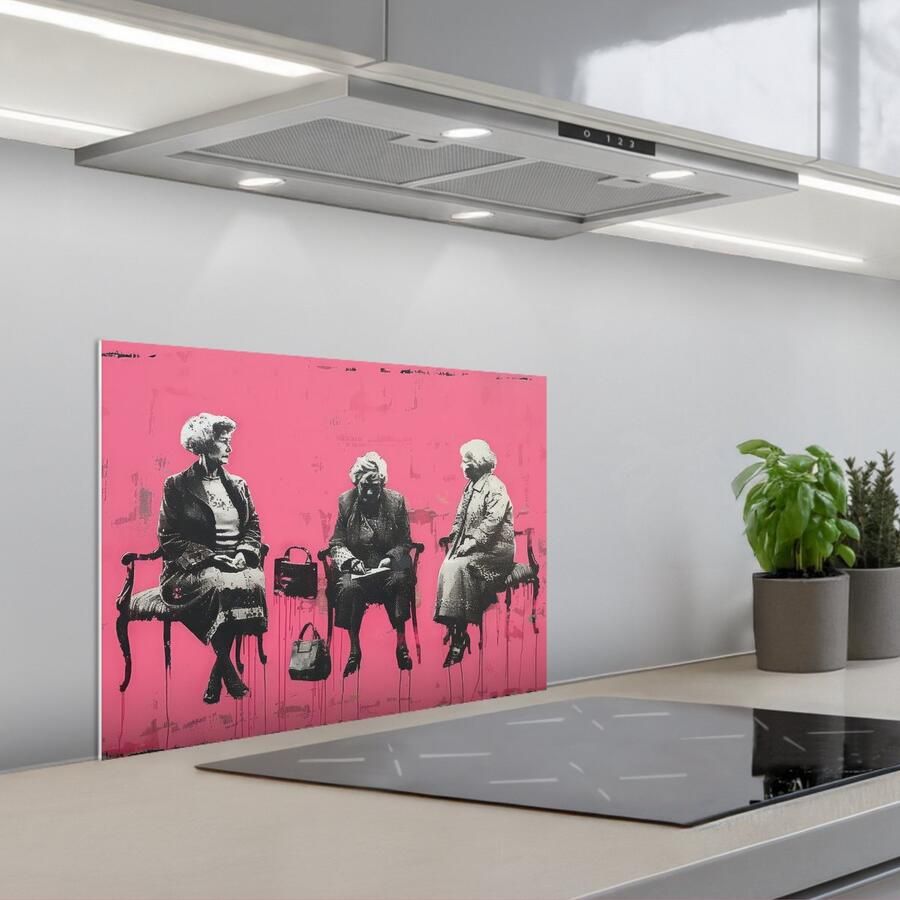 KitchenYeah Spatscherm 60x45 cm Zelfklevende achterwand Graffiti Roze Street art Vrouwen Keuken muurbeschermer Spatwand fornuis