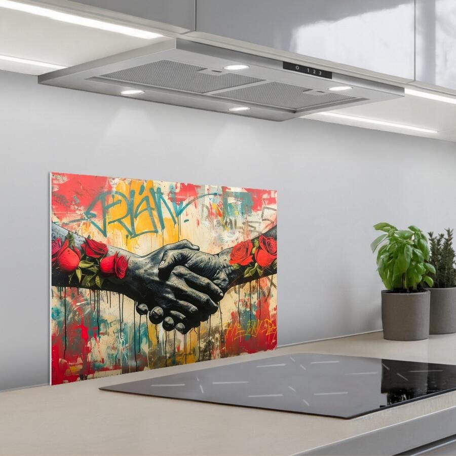 KitchenYeah Spatscherm 60x45 cm Zelfklevende achterwand Graffiti Rozen Handen Street art Keuken muurbeschermer Spatwand fornuis