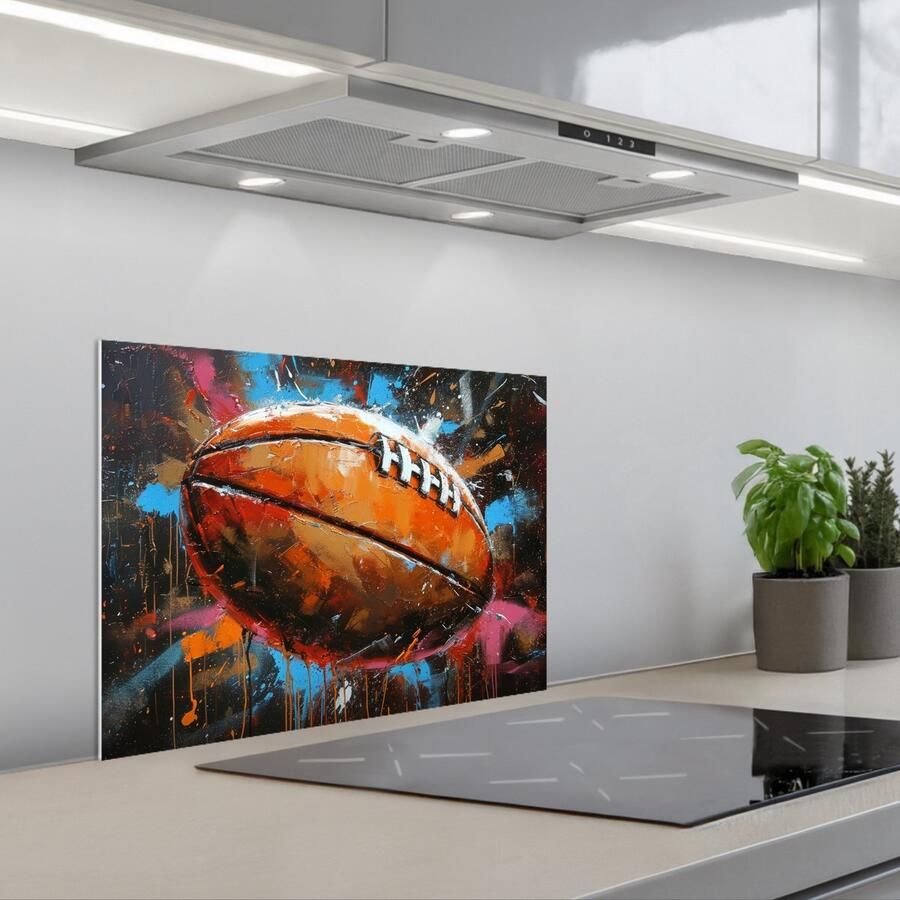 KitchenYeah Spatscherm 60x45 cm Zelfklevende achterwand Graffiti Rugby Kleurrijk Rugbybal Keuken muurbeschermer Spatwand fornuis