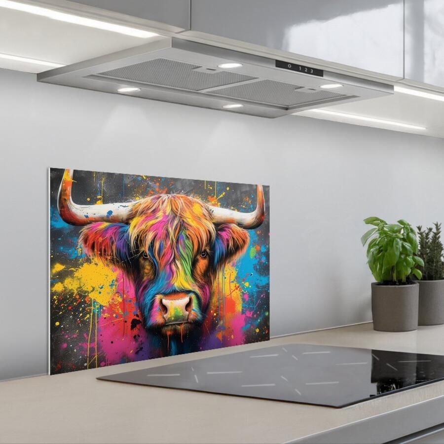 KitchenYeah Spatscherm 60x45 cm Zelfklevende achterwand Graffiti Schotse hooglander Koe Kleurrijk Keuken muurbeschermer Spatwand fornuis