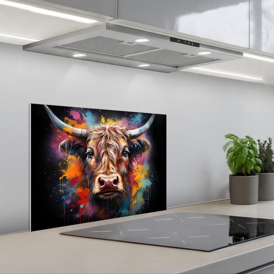 KitchenYeah Spatscherm 60x45 cm Zelfklevende achterwand Graffiti Schotse hooglander Zwart Koe Keuken muurbeschermer Spatwand fornuis