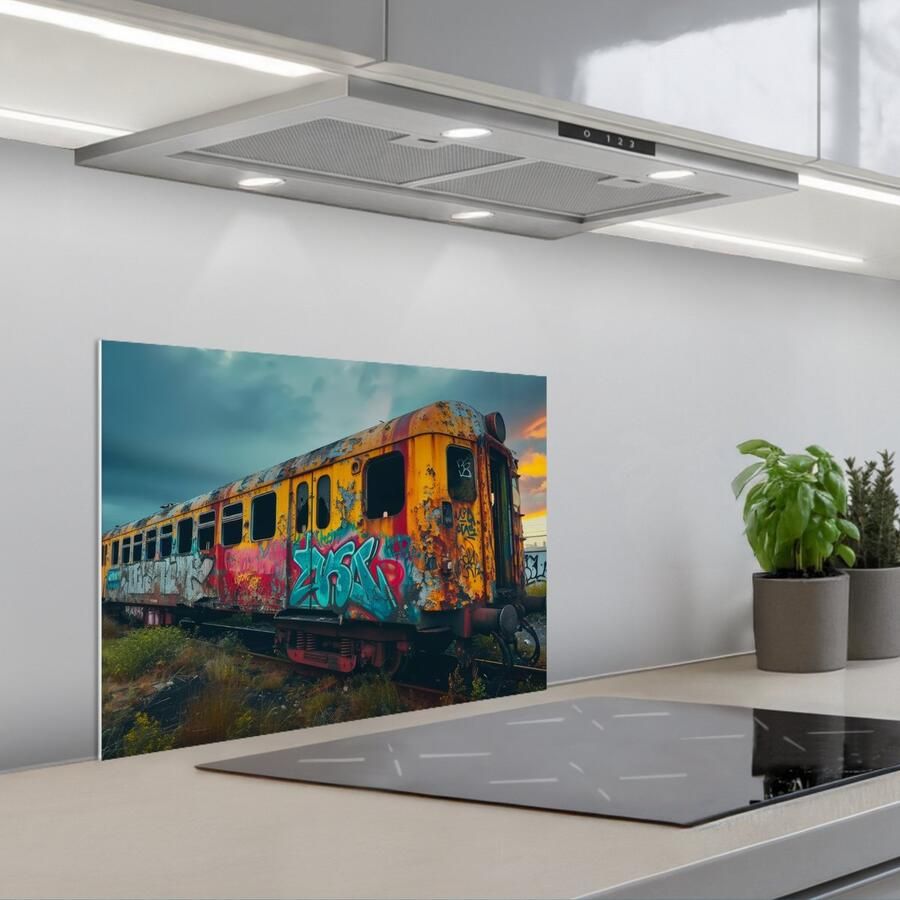 KitchenYeah Spatscherm 60x45 cm Zelfklevende achterwand Graffiti Verlaten trein Street art Keuken muurbeschermer Spatwand fornuis