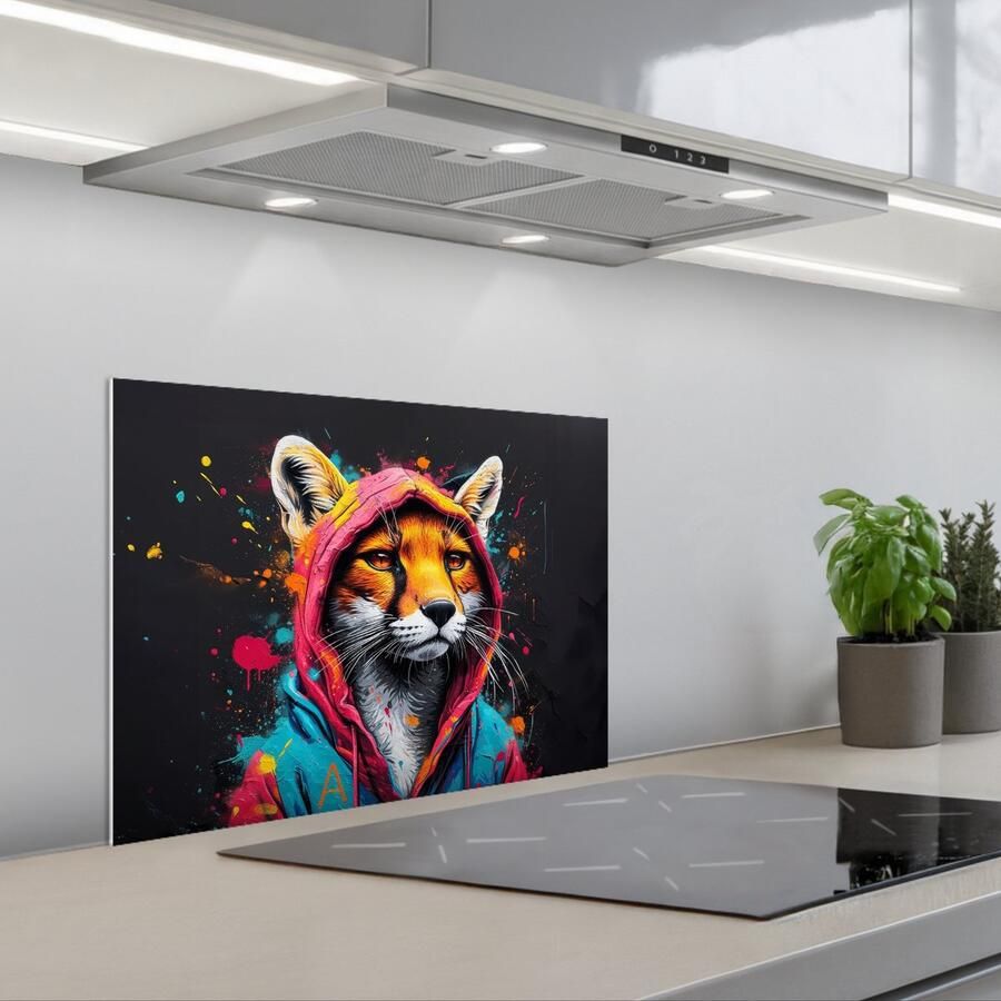 KitchenYeah Spatscherm 60x45 cm Zelfklevende achterwand Graffiti Vos Jas Pop art Dieren Keuken muurbeschermer Spatwand fornuis