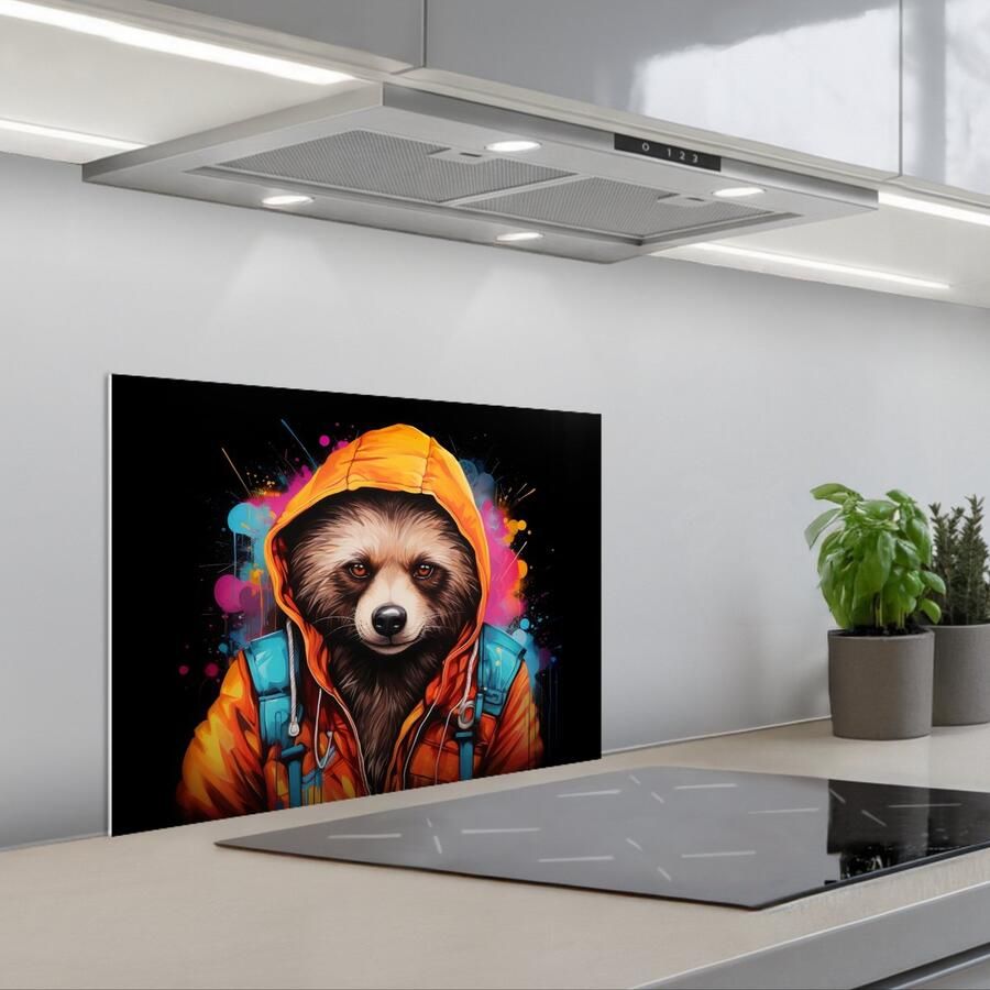 KitchenYeah Spatscherm 60x45 cm Zelfklevende achterwand Graffiti Wasbeer Jas Zwart Keuken muurbeschermer Spatwand fornuis