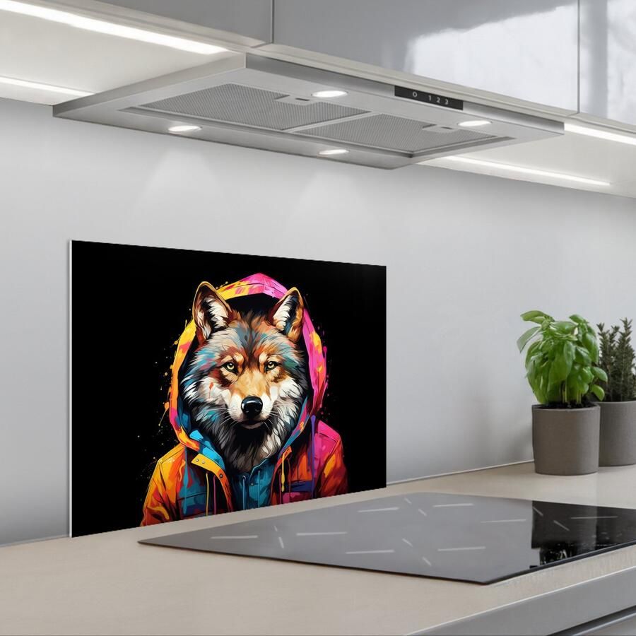 KitchenYeah Spatscherm 60x45 cm Zelfklevende achterwand Graffiti Wolf Jas Zwart Keuken muurbeschermer Spatwand fornuis