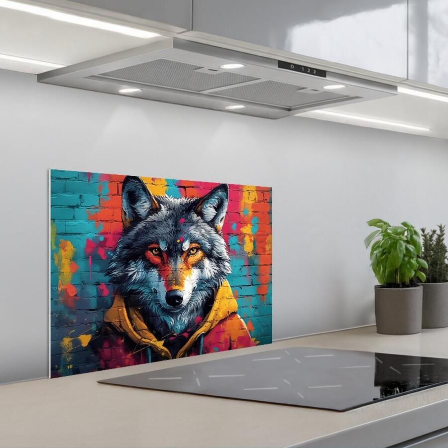 KitchenYeah Spatscherm 60x45 cm Zelfklevende achterwand Graffiti Wolf Street art Blauw Keuken muurbeschermer Spatwand fornuis