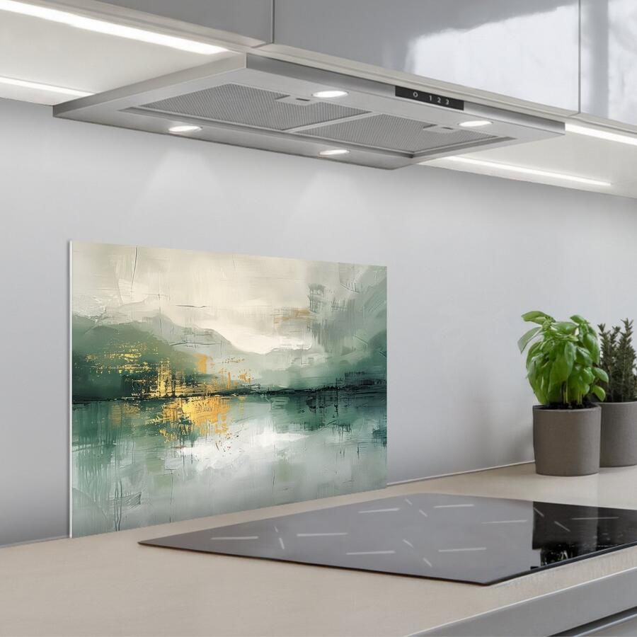 KitchenYeah Spatscherm 60x45 cm Zelfklevende achterwand Groen Modern Abstract Goud Keuken muurbeschermer Spatwand fornuis