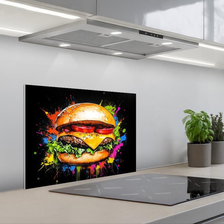 KitchenYeah Spatscherm 60x45 cm Zelfklevende achterwand Hamburger Graffiti Verf Kleurrijk Eten Abstract Keuken muurbeschermer Spatwand fornuis