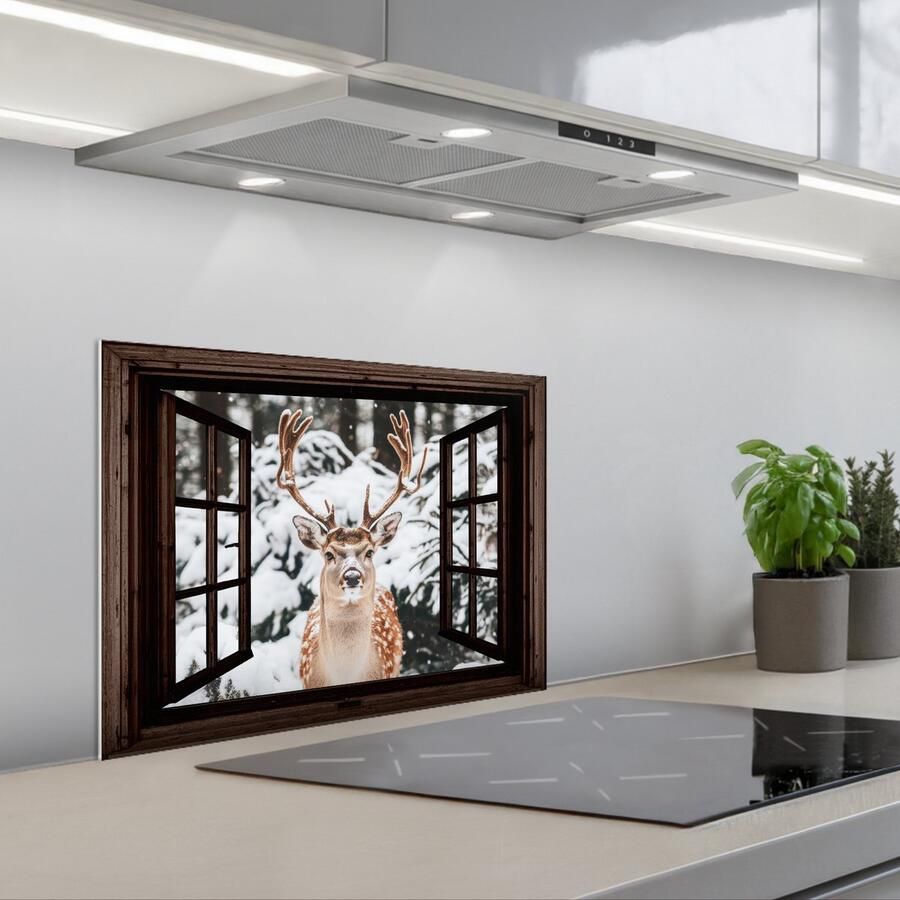 KitchenYeah Spatscherm 60x45 cm Zelfklevende achterwand Hert Sneeuw Winter Bos Dieren Doorkijk Keuken muurbeschermer Spatwand fornuis