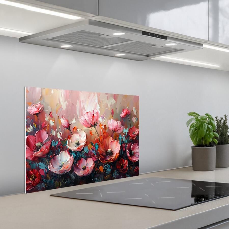 KitchenYeah Spatscherm 60x45 cm Zelfklevende achterwand Klaprozen Roze Bloemen Botanisch Kunst Keuken muurbeschermer Spatwand fornuis