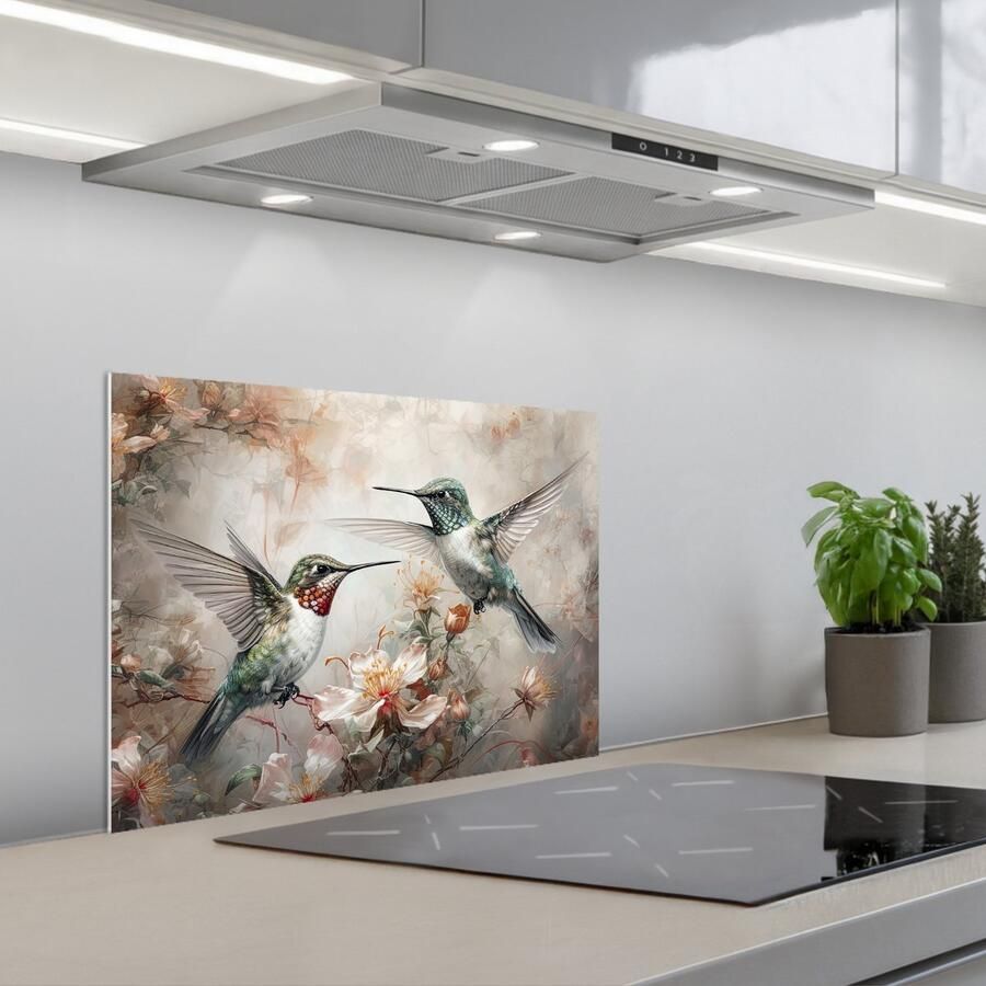 KitchenYeah Spatscherm 60x45 cm Zelfklevende achterwand Kolibrie Vogels Bloemen Planten Keuken muurbeschermer Spatwand fornuis