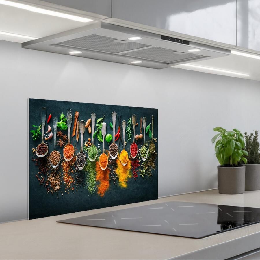 KitchenYeah Spatscherm 60x45 cm Zelfklevende achterwand Kruiden Specerijen Lepels Keuken muurbeschermer Spatwand fornuis