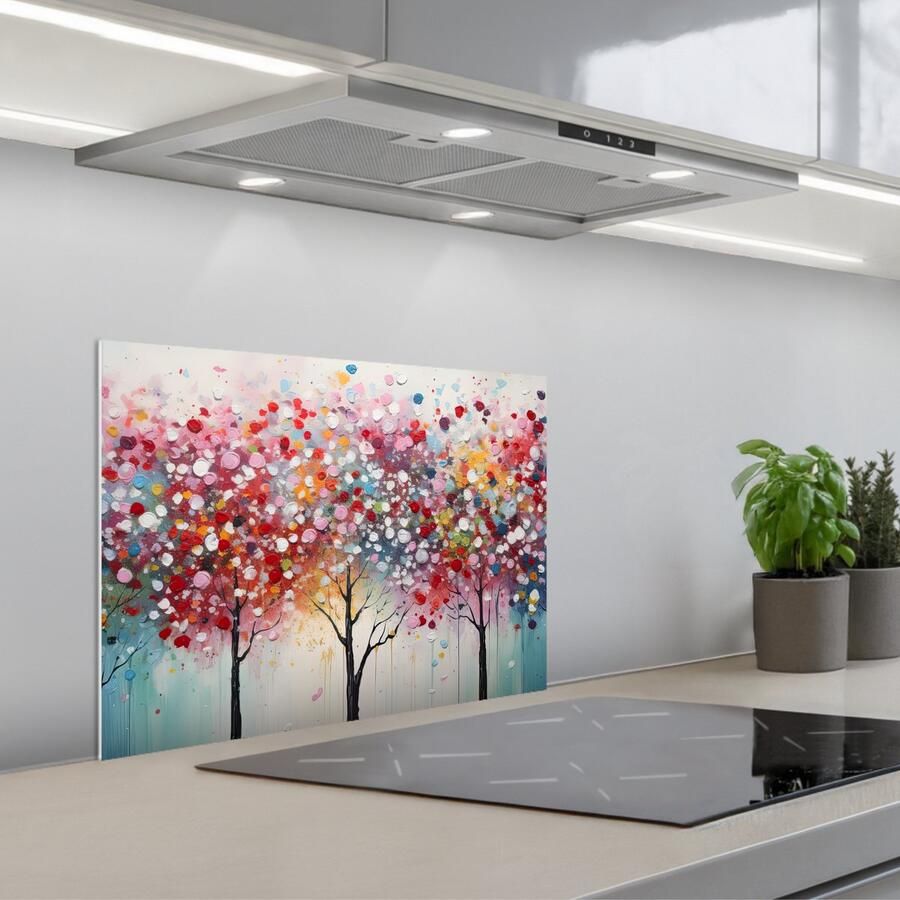 KitchenYeah Spatscherm 60x45 cm Zelfklevende achterwand Kunst Bomen Natuur Acryl Keuken muurbeschermer Spatwand fornuis