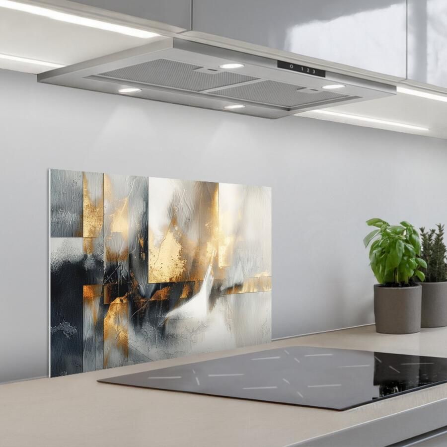 KitchenYeah Spatscherm 60x45 cm Zelfklevende achterwand Kunst Goud Zilver Abstract Keuken muurbeschermer Spatwand fornuis