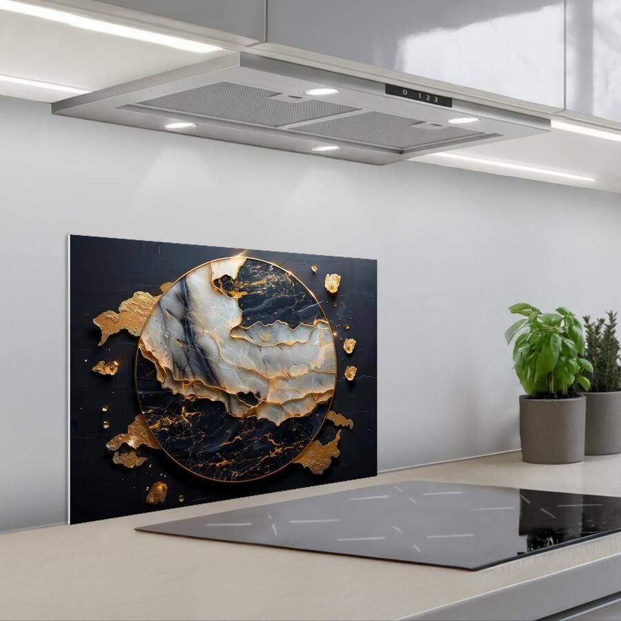 KitchenYeah Spatscherm 60x45 cm Zelfklevende achterwand Kunst Goud Zwart Modern Abstract Keuken muurbeschermer Spatwand fornuis