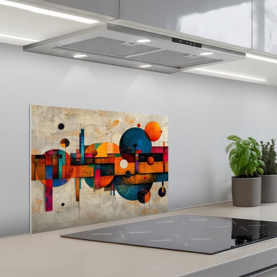 KitchenYeah Spatscherm 60x45 cm Zelfklevende achterwand Kunst Kleurrijk Modern Vormen Keuken muurbeschermer Spatwand fornuis