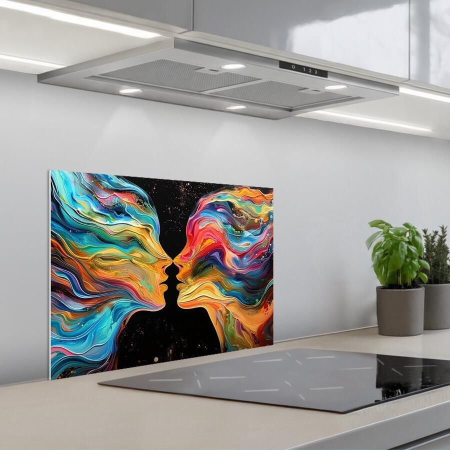 KitchenYeah Spatscherm 60x45 cm Zelfklevende achterwand Kunst Kleurrijk Vrouw Art Abstract Gezichten Keuken muurbeschermer Spatwand fornuis