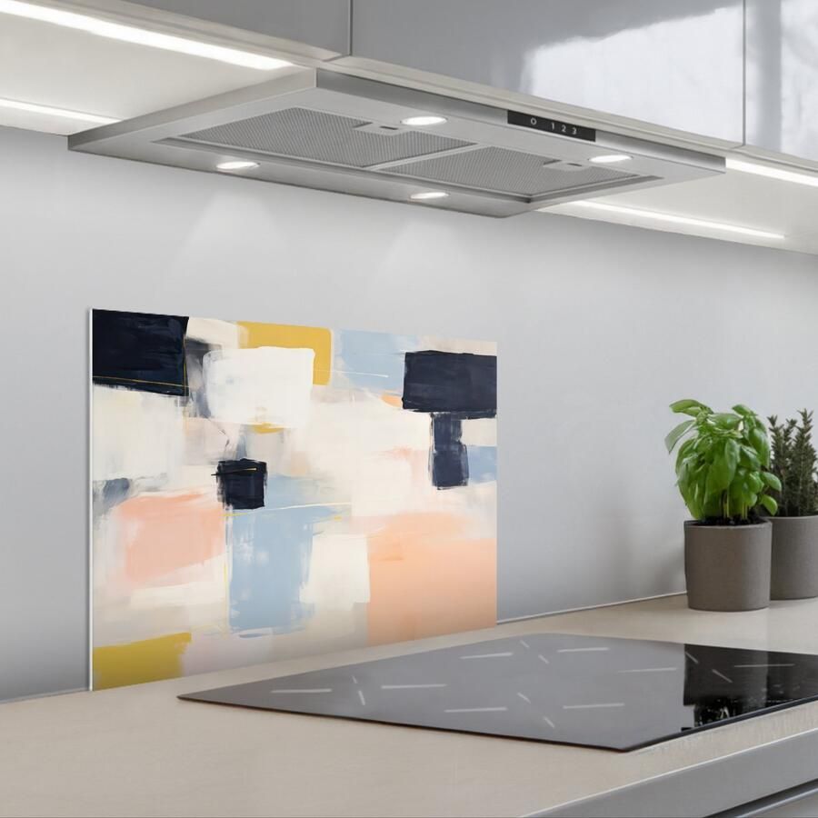 KitchenYeah Spatscherm 60x45 cm Zelfklevende achterwand Kunst Wit Abstract Modern Keuken muurbeschermer Spatwand fornuis