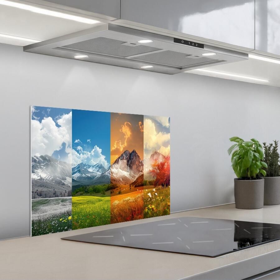 KitchenYeah Spatscherm 60x45 cm Zelfklevende achterwand Landschap 4 seizoenen Natuur Winter Lente Zomer Herfst Keuken muurbeschermer Spatwand fornuis