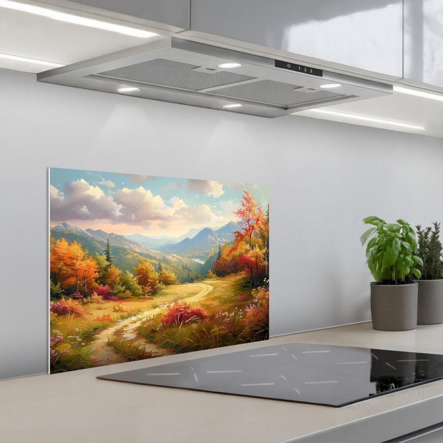 KitchenYeah Spatscherm 60x45 cm Zelfklevende achterwand Landschap Illustratie Natuur Keuken muurbeschermer Spatwand fornuis