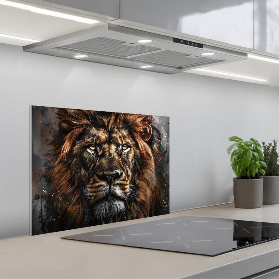 KitchenYeah Spatscherm 60x45 cm Zelfklevende achterwand Leeuw Dieren Portret Zwart Luxe Keuken muurbeschermer Spatwand fornuis