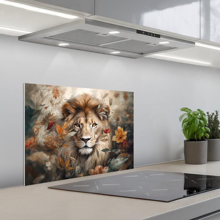 KitchenYeah Spatscherm 60x45 cm Zelfklevende achterwand Leeuw Wilde dieren Planten Natuur Bloemen Keuken muurbeschermer Spatwand fornuis