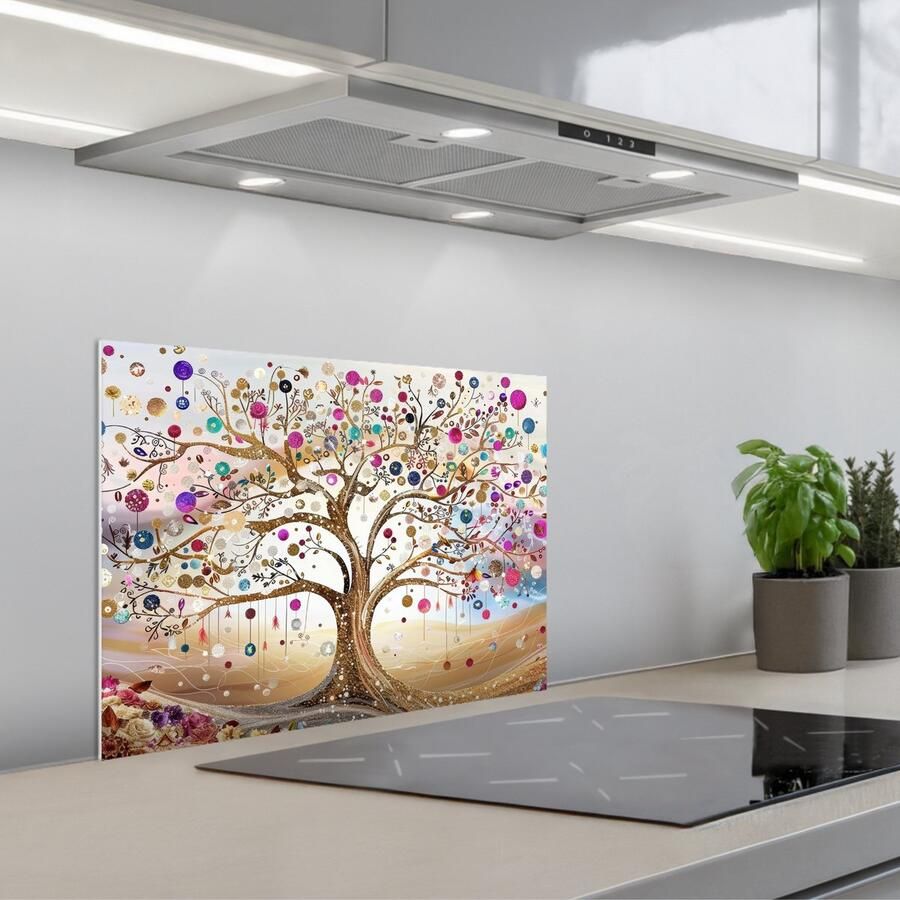 KitchenYeah Spatscherm 60x45 cm Zelfklevende achterwand Levensboom Goud Kleurrijk Abstract Aesthetic Keuken muurbeschermer Spatwand fornuis